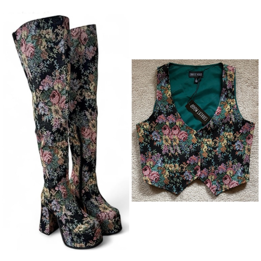 Current Mood Dolls Kill ‘BOHEME GARDEN’ Tapestry OTK Boots Vest SET L/9 NWT